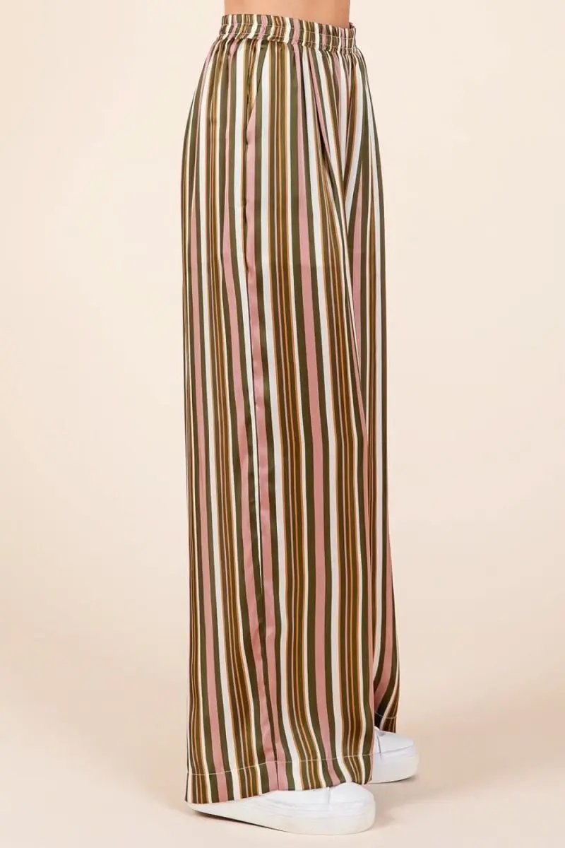 Chic Striped Satin Wide Leg Pants with Elastic Waist and Pockets - Love Salve